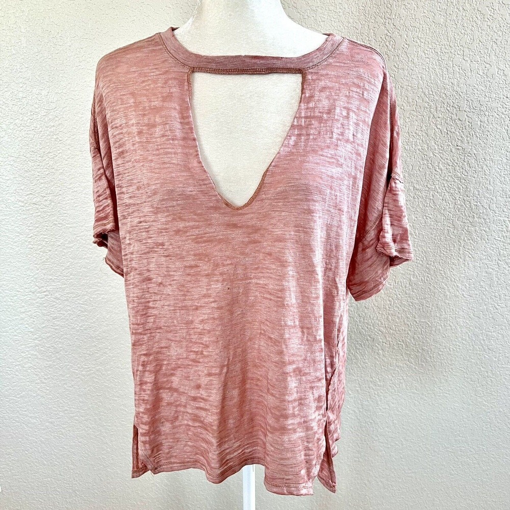 Free People We The Free Women’s XS Distressed Pink Burnout Open Neck Tee T-Shirt